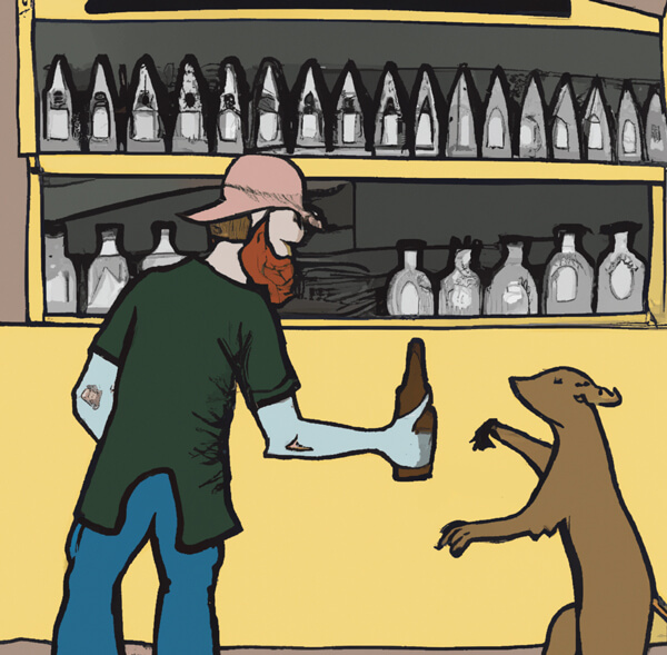 A funny cartoon render of a man and a wild animal in a bar